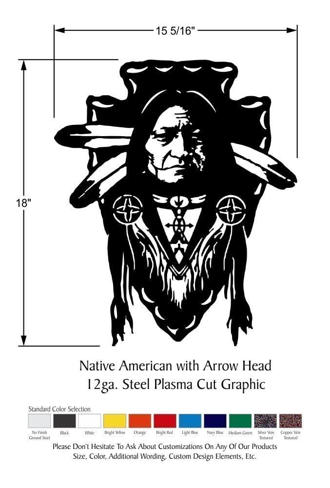 Tall native american indian over arrowhead metal wall art choice of finish and color options handmade products