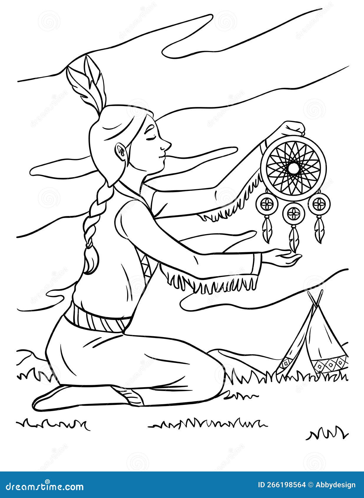 Native american indian girl dreamcatcher coloring stock vector