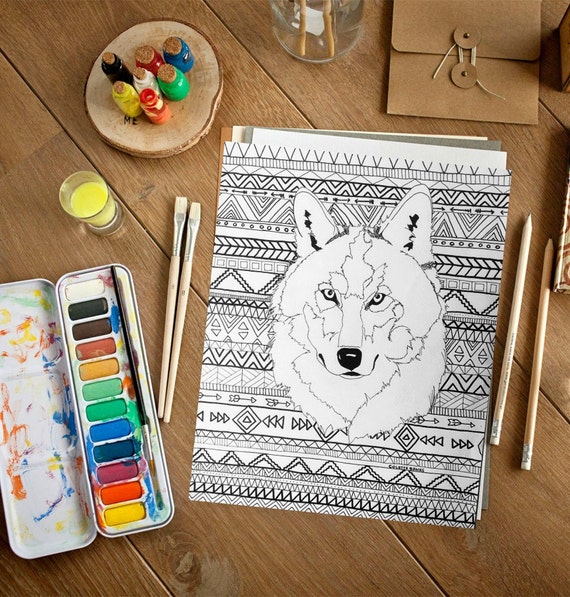 Aztec adult printable coloring page of a navajo and native american inspired wolf instant download