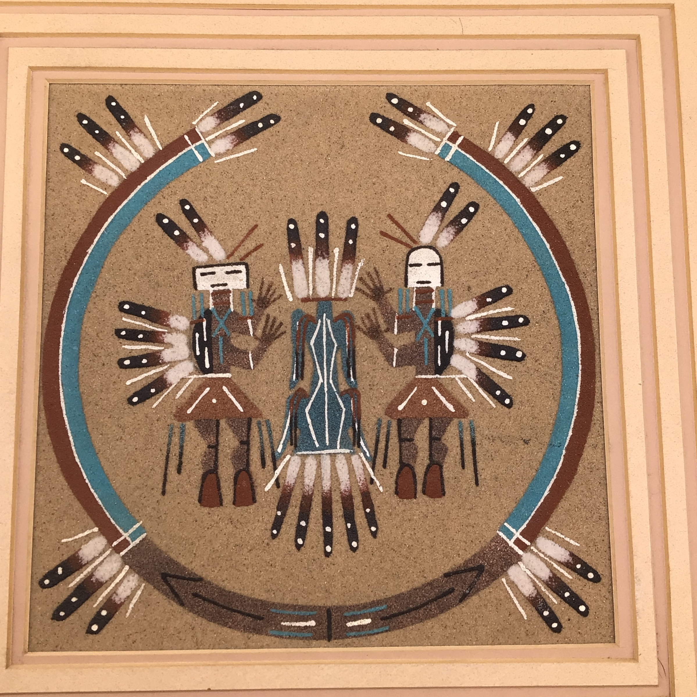 Vintage framed navajo sun sand painting with camel and rainbow people