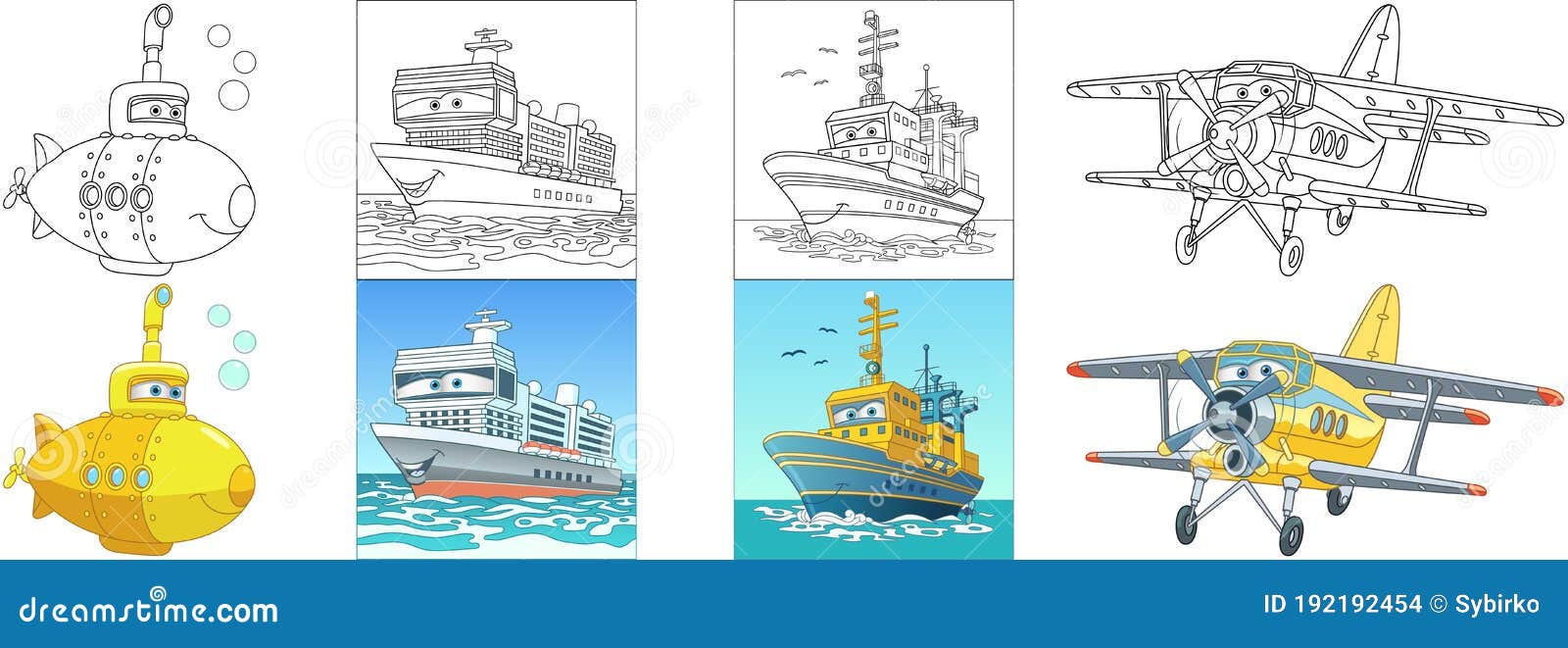 Coloring pages for kids flying and navy cars stock vector