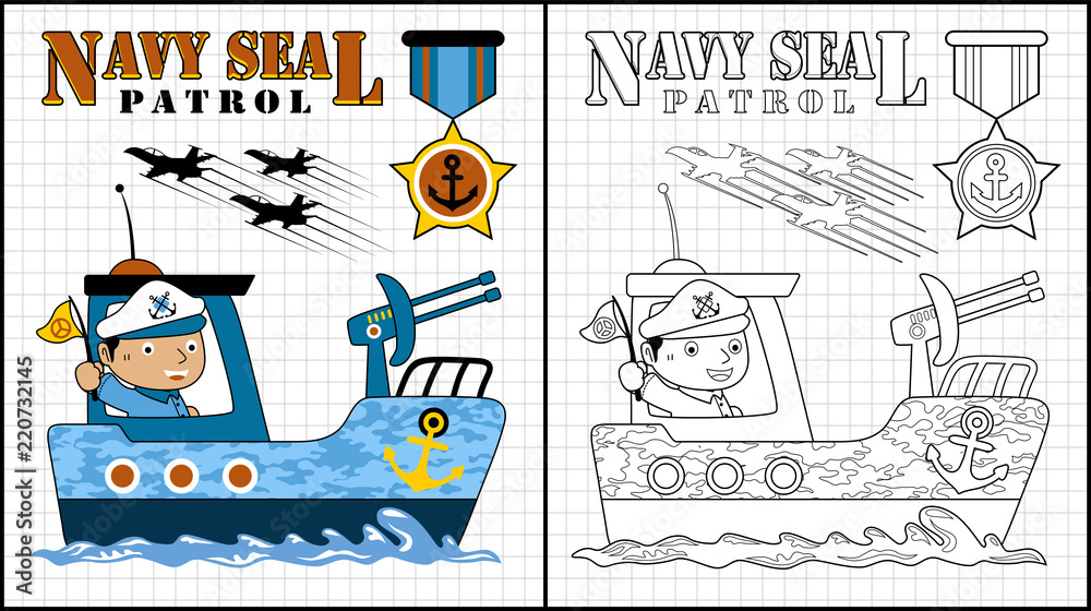 Vector illustration of coloring book or page with navy seal cartoon vector