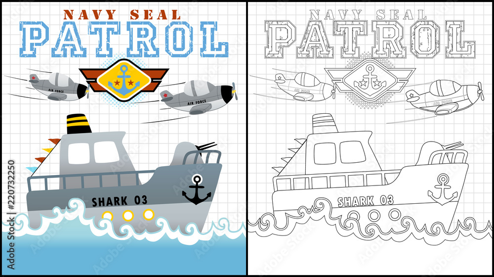 Vector illustration of coloring book or page with navy seal patrol cartoon vector