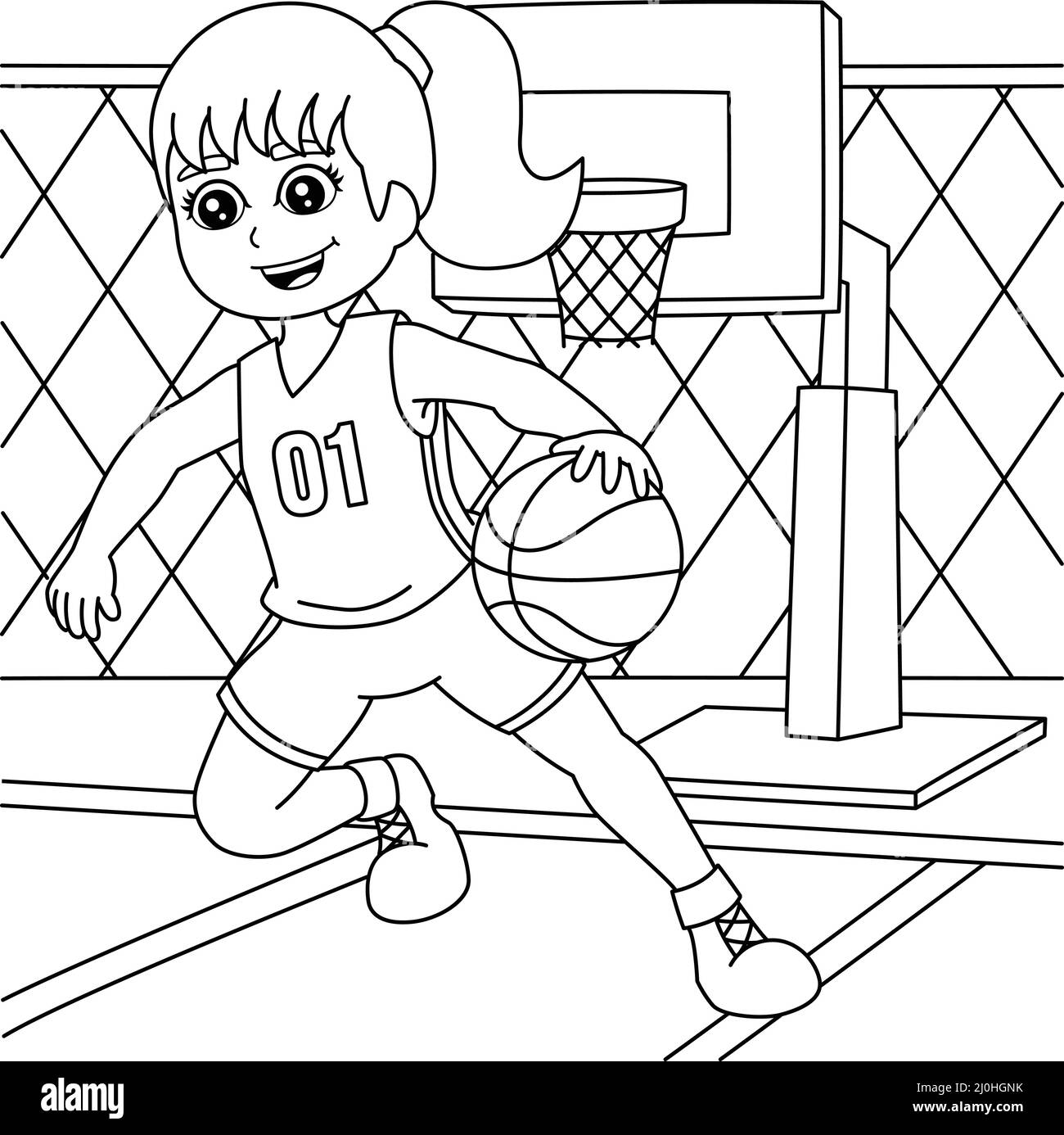 Girl playing basketball coloring page for kids stock vector image art