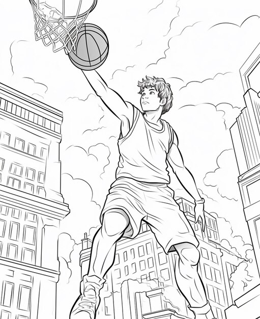 Premium ai image coloring pages basketball player jumping to dunk the ball generative ai