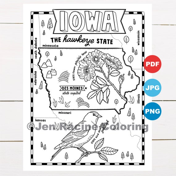 Iowa coloring page united states state map wildlife state