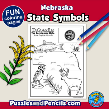 Nebraska symbols coloring pages with map and state flag state symbols