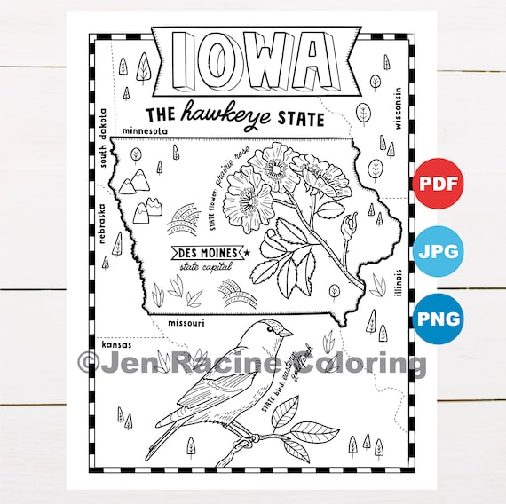 Iowa coloring page united states state map wildlife state