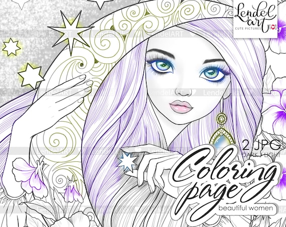 Coloring page girl portrait moon fairy coloring page for adults grayscale coloring page instant download jpg