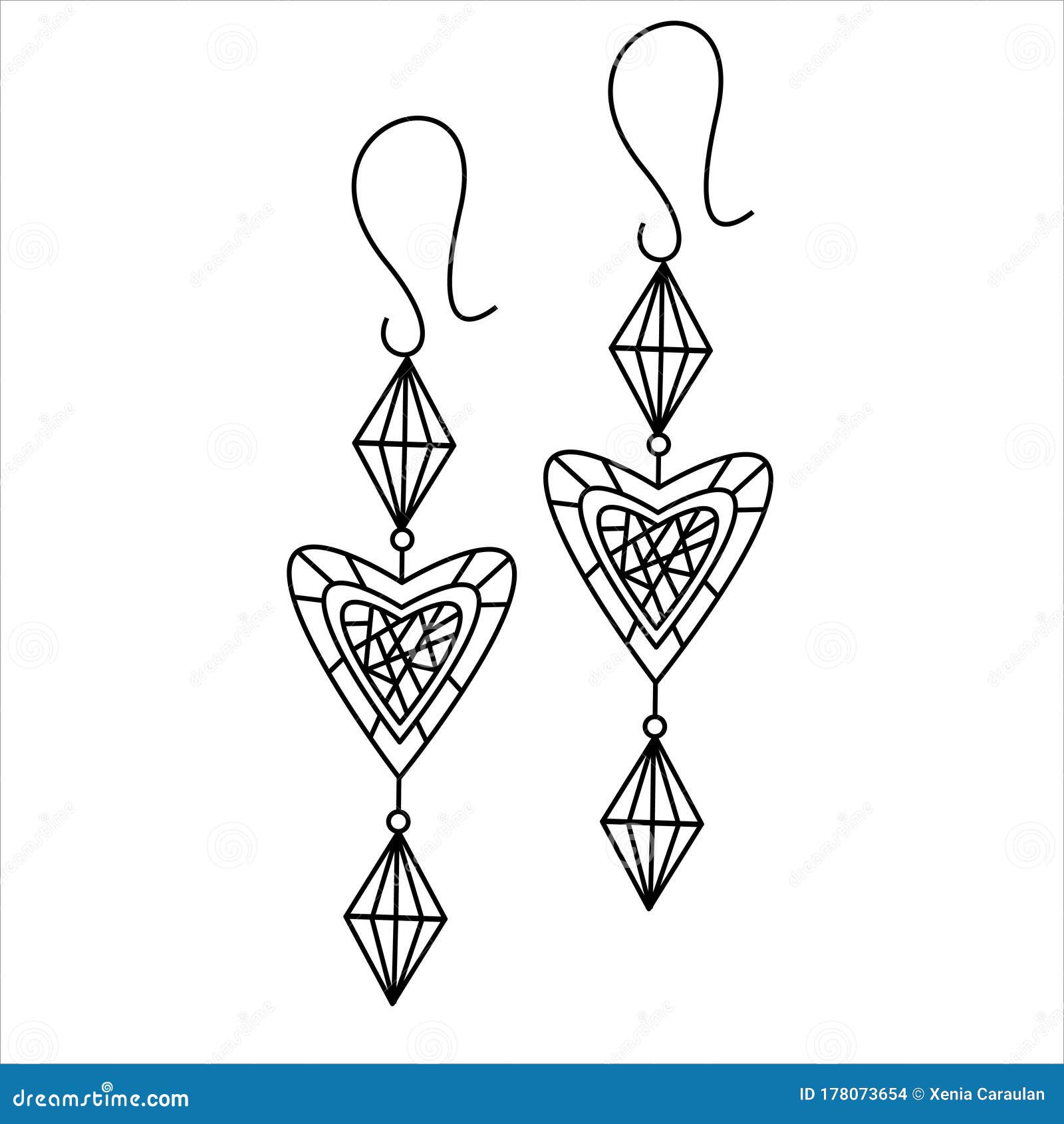 Jewelry earrings fashion black and white outline coloring page doodle earrings simple line art women accessories stock vector