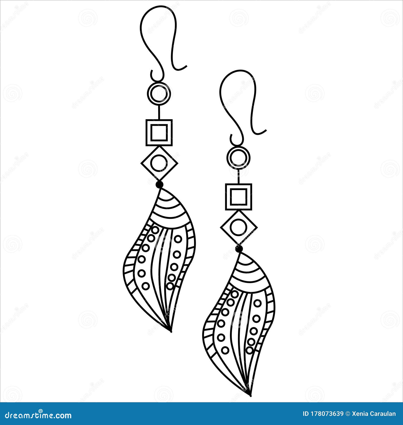 Jewelry earrings fashion black and white outline coloring page doodle earrings simple line art women accessories stock vector