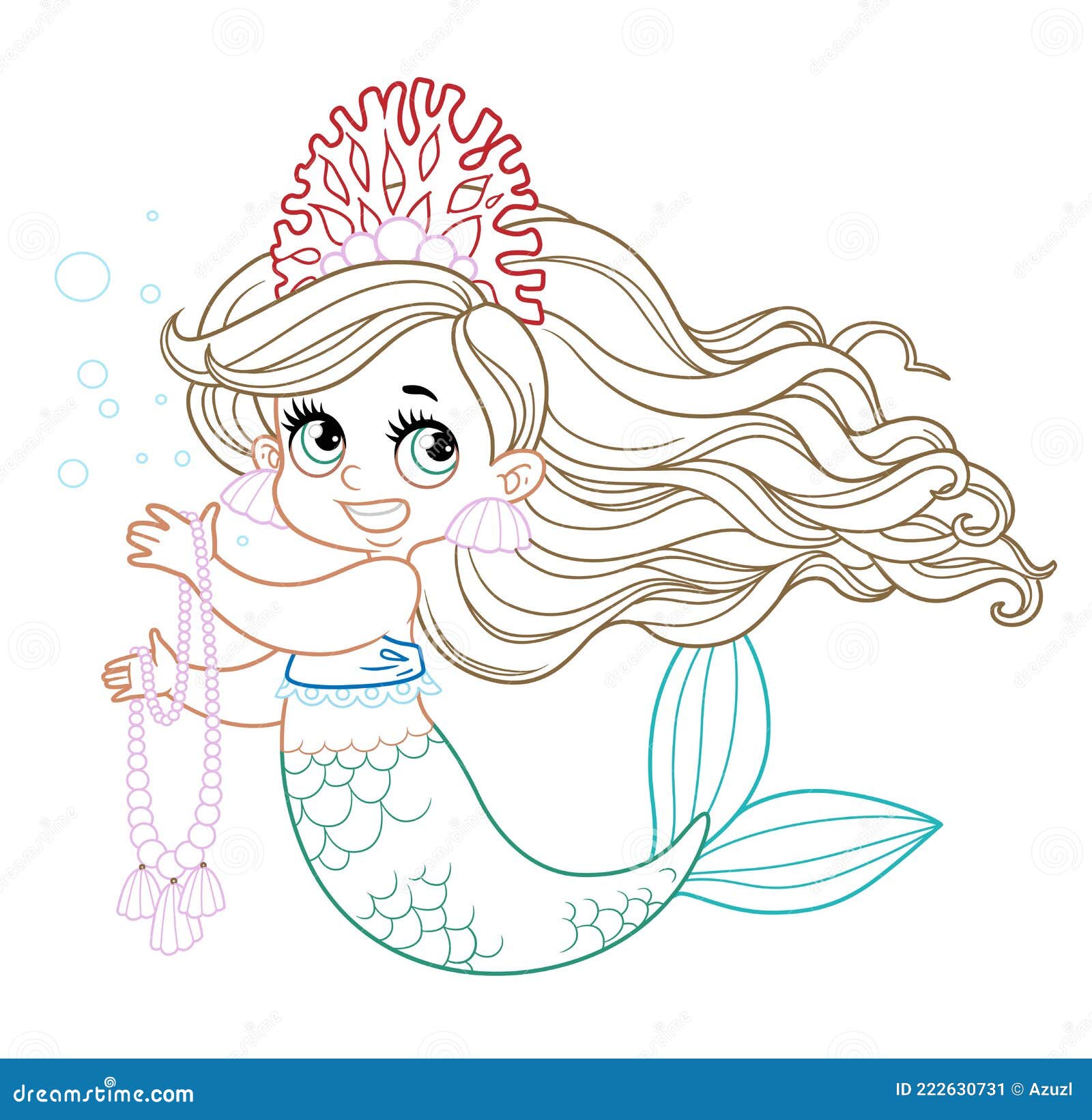 Cute little mermaid girl in coral tiara hold a long pearl necklace colored outlined for coloring page on a white stock vector