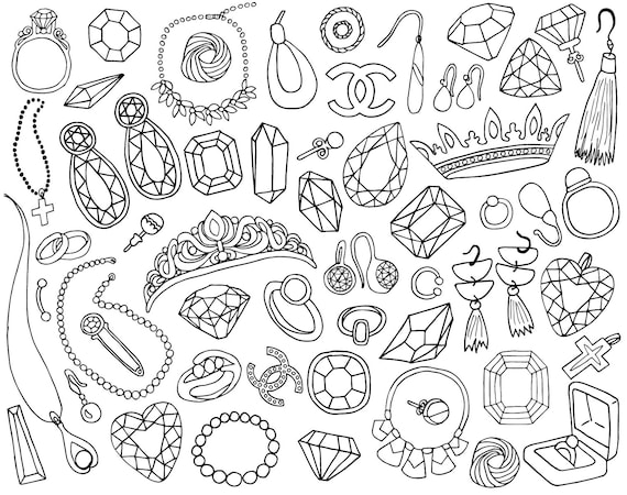 Doodle gems jewelry clipart hand drawn gemstone jewellery emerald diamond clip art crown wedding ring necklace earring illustration