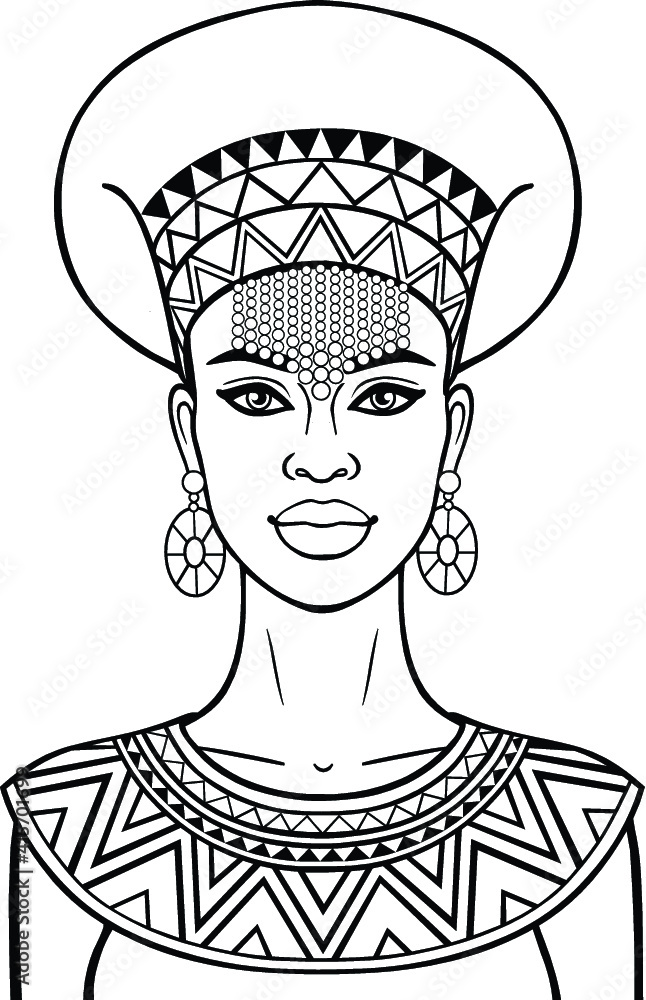 Animation portrait of the young beautiful african woman in a crown and ethnic jewelry monochrome drawing vector illustration isolated on a white background be used for coloring book vector