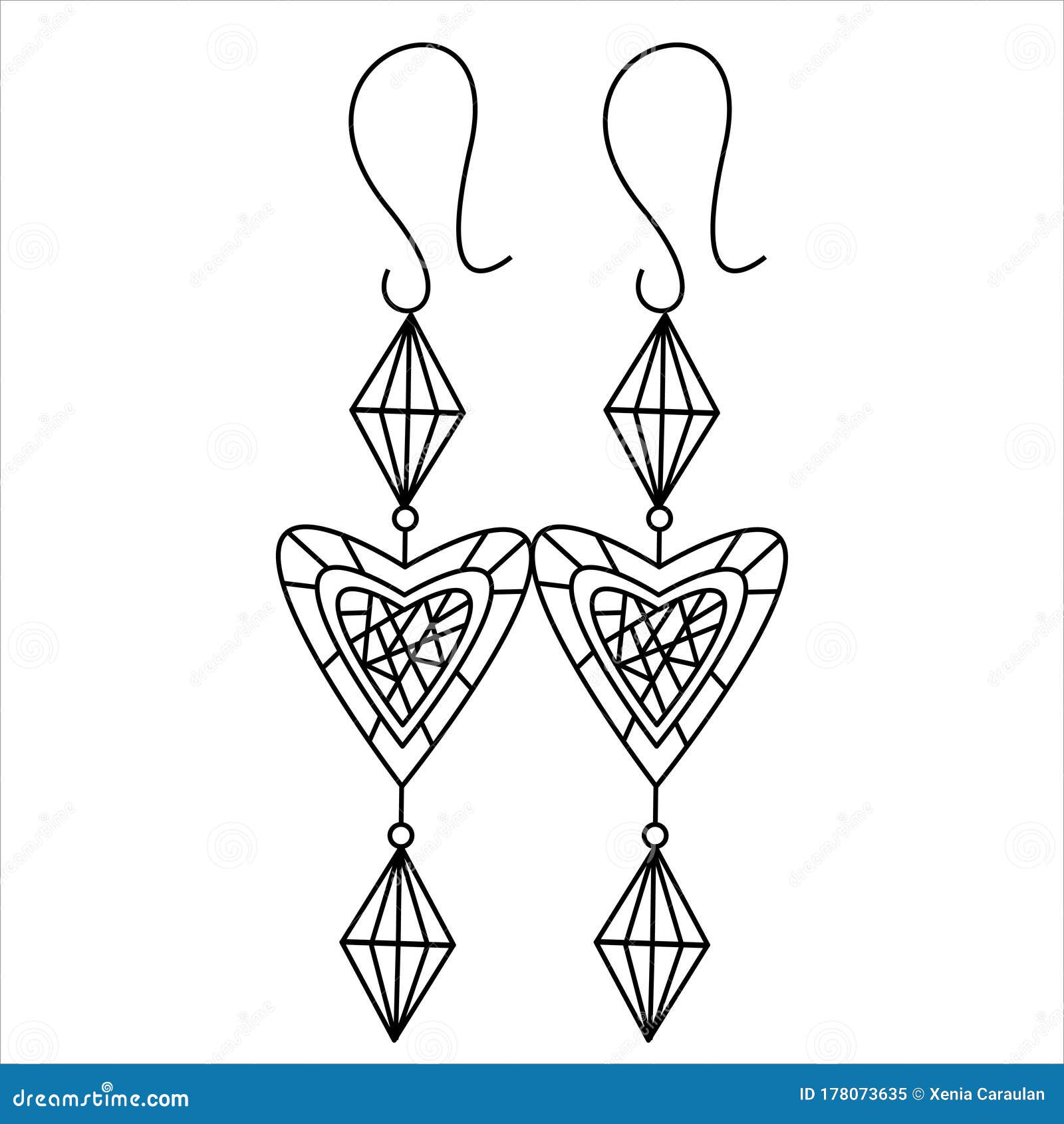 Jewelry earrings fashion black and white outline coloring page doodle earrings simple line art women accessories stock vector