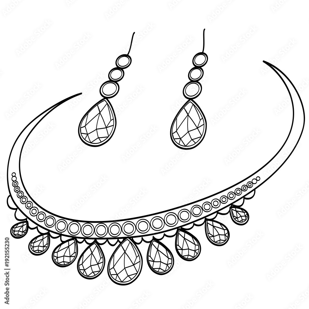 Diamond necklace and earrings coloring book vector vector