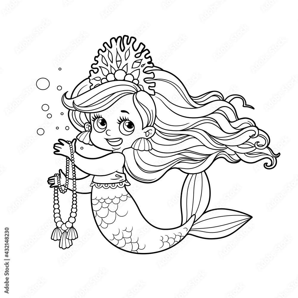 Vektorovã grafika âcute little mermaid girl in coral tiara hold a long pearl necklace outlined for coloring page isolated on white backgroundâ ze sluåby