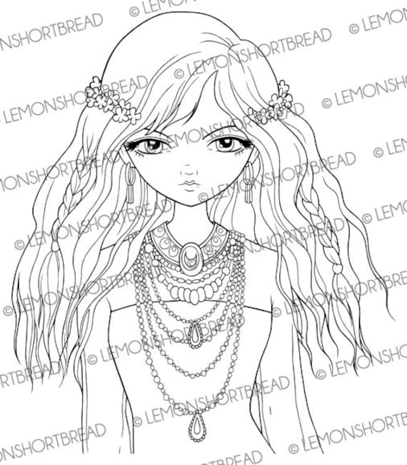 Digital stamp bohemian girl digi printable coloring page fantasy anime ethnic necklaces hippie mystic art