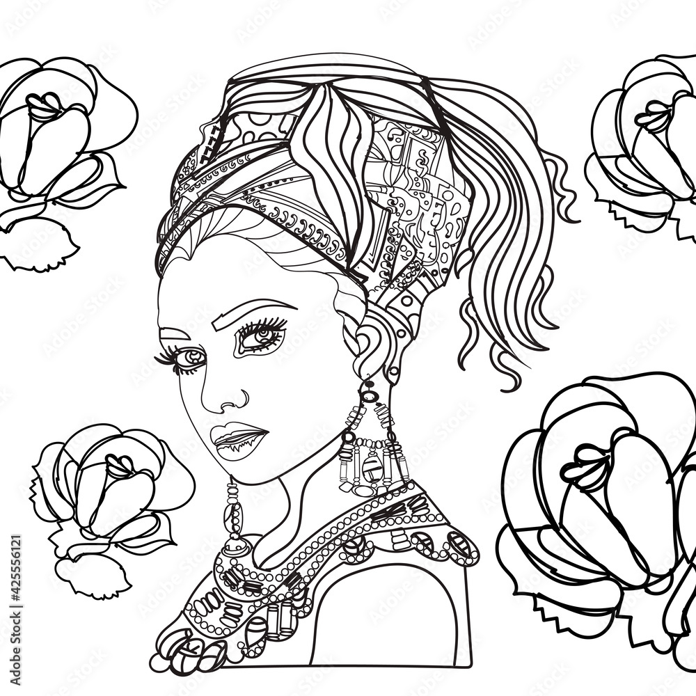 Girl with beautiful necklace and flowers adult coloring pages vector