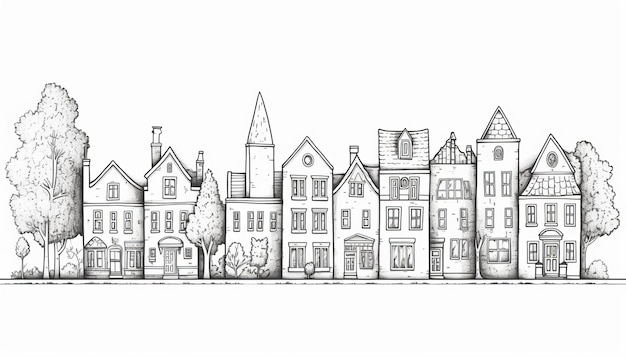 Premium ai image a delightful neighborhood coloring page of an enchanting street filled with unique houses and frien