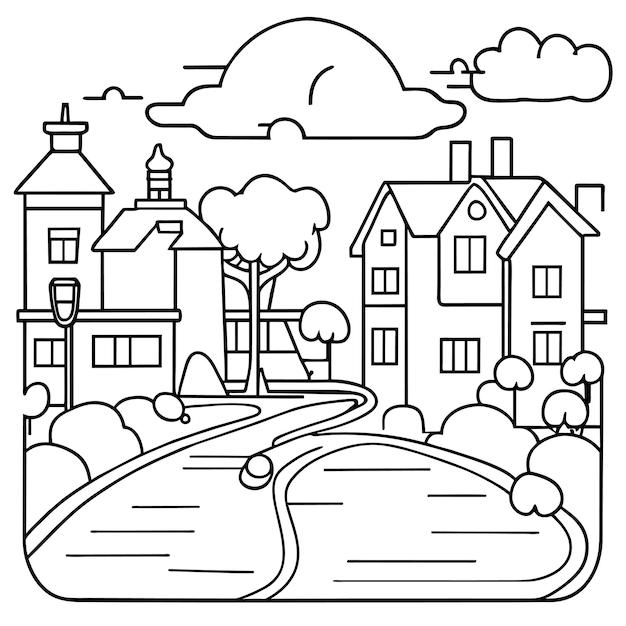 Premium vector coloring page town street cartoon illustration