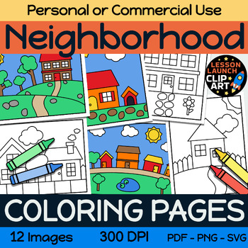 Neighborhood houses mercial use easy coloring page scenes