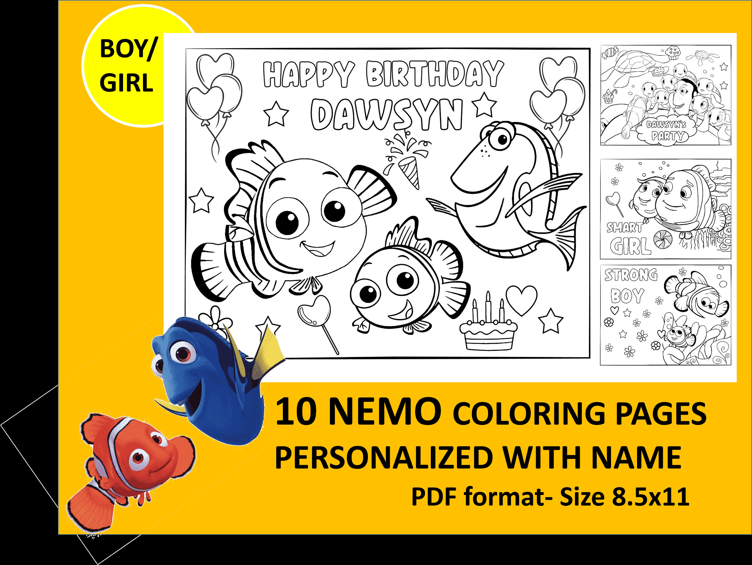 Printable nemo coloring page for birthday personalized with name pdf format