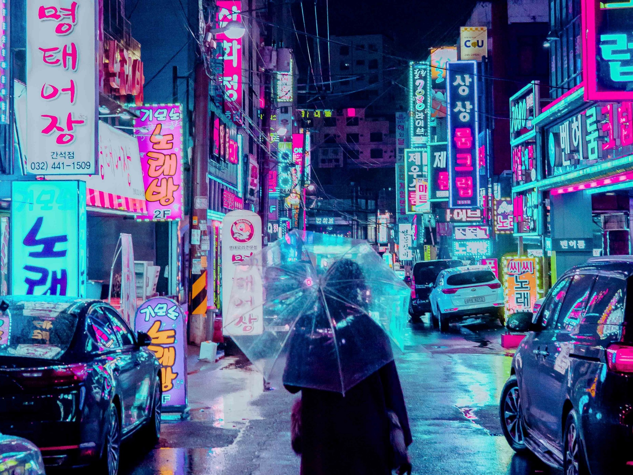 Wallpaper k night city street umbrella man signboards lighting neon k wallpaper