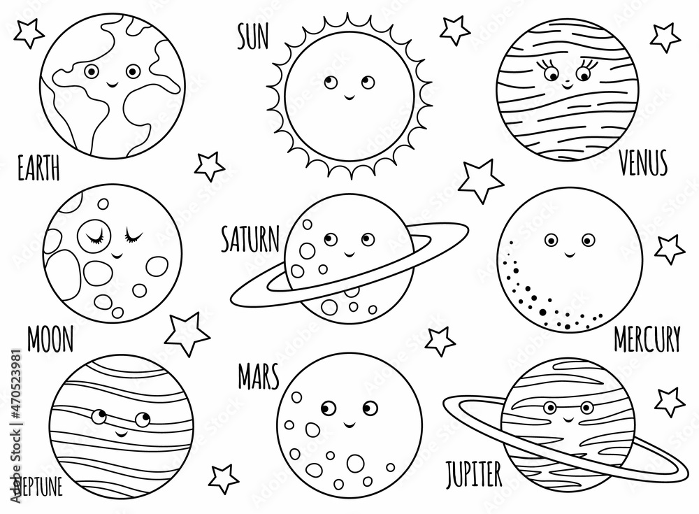 Vector black and white planets set for children outline illustration of smiling earth sun moon venus mars jupiter mercury saturn neptune space coloring page for kids vector