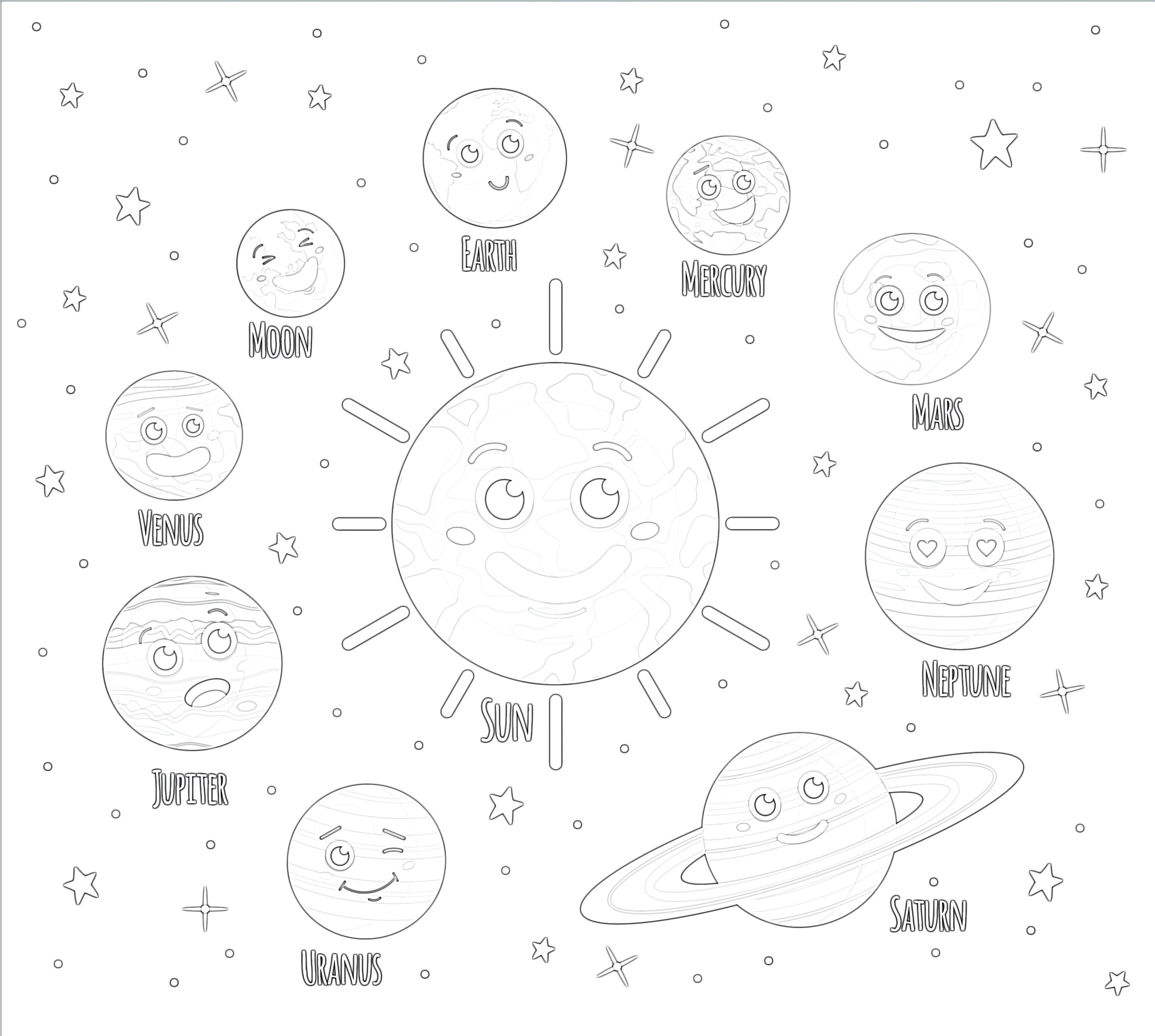 Cartoon planets with faces coloring page