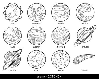 Planets for color book solar system earth sun and neptune jupiter and pluto venus and mars saturn and moon uranus and et vector set outer sp stock vector image art