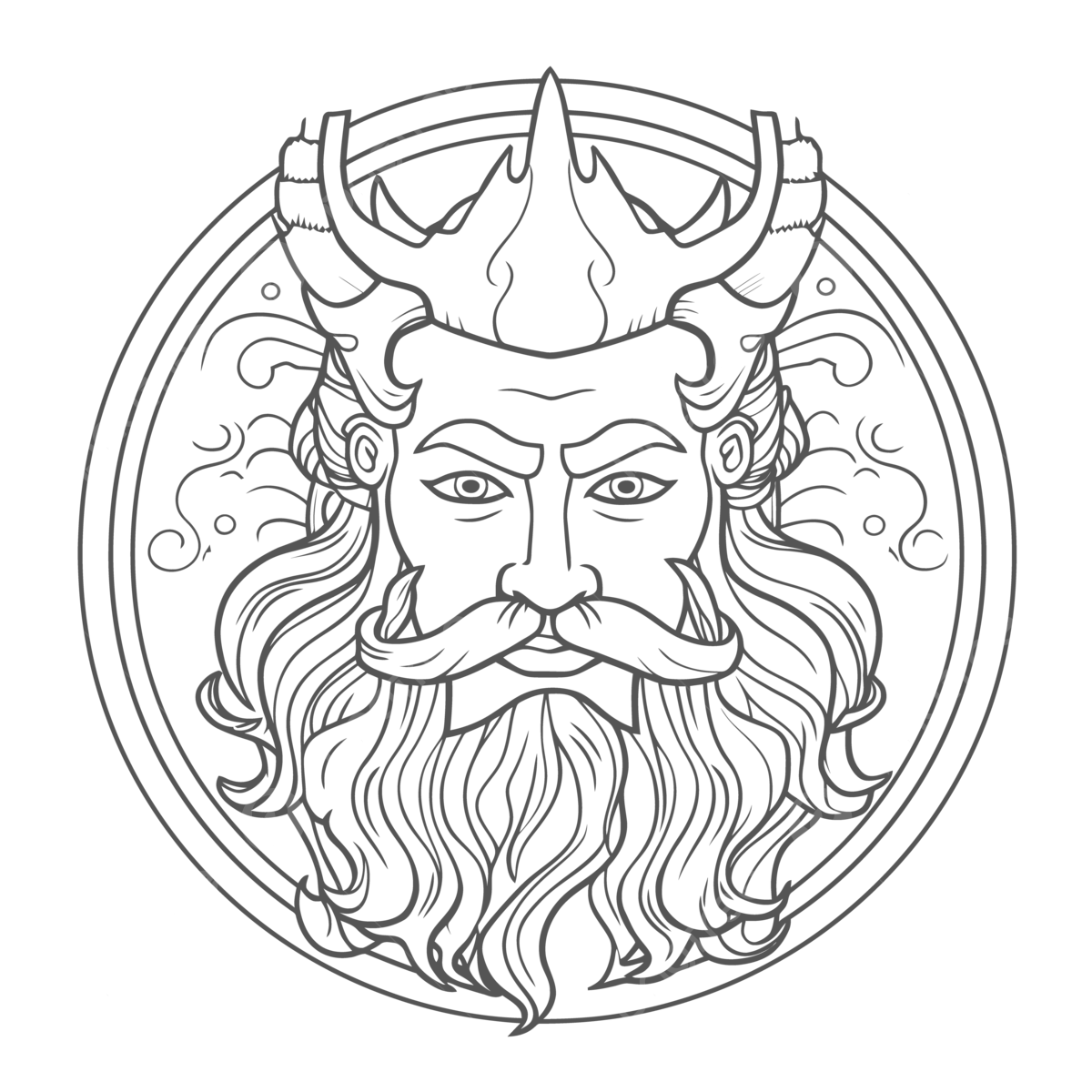 Neptune or the gods in a round of tattoo with horned beard and big beard outline sketch drawing vector bear drawing tattoo drawing wing drawing png and vector with transparent background for