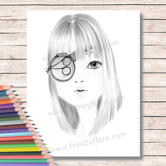 Printed coloring page for adults or kids nerdy girl with a monocle to color with pencils markers or watercolors doll face wall art