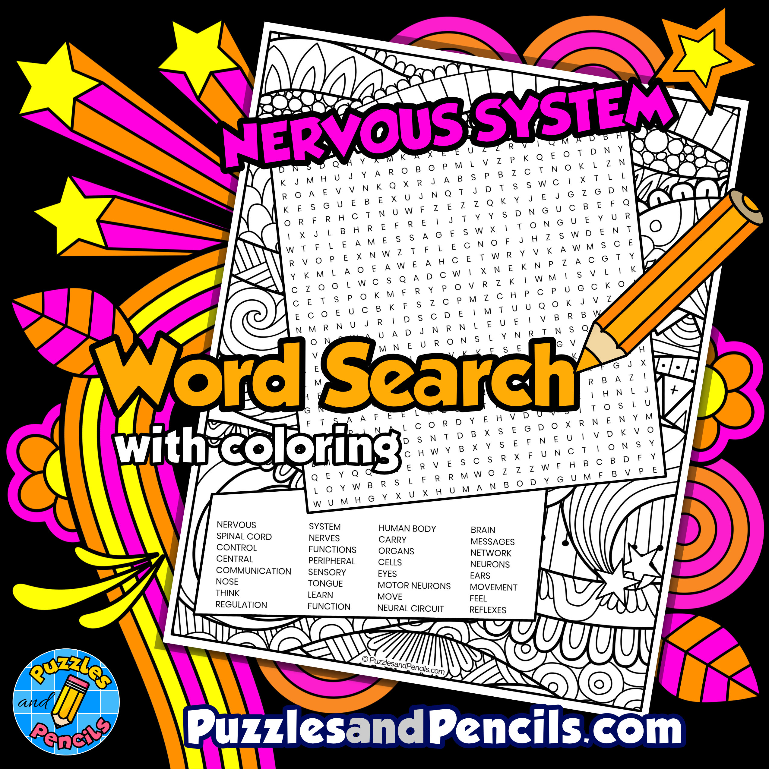 Nervous system word search puzzle with coloring human body systems wordsearch made by teachers