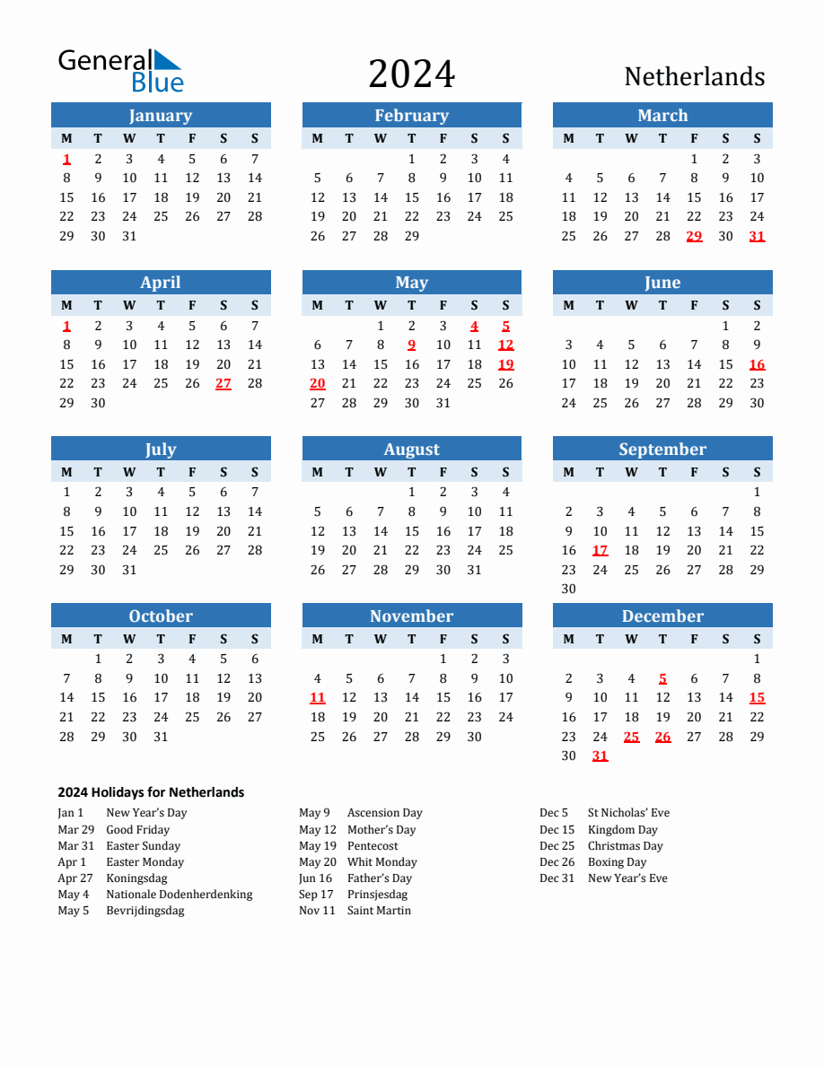 Printable calendar with netherlands holidays