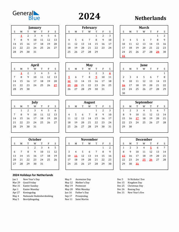 Netherlands calendar with holidays