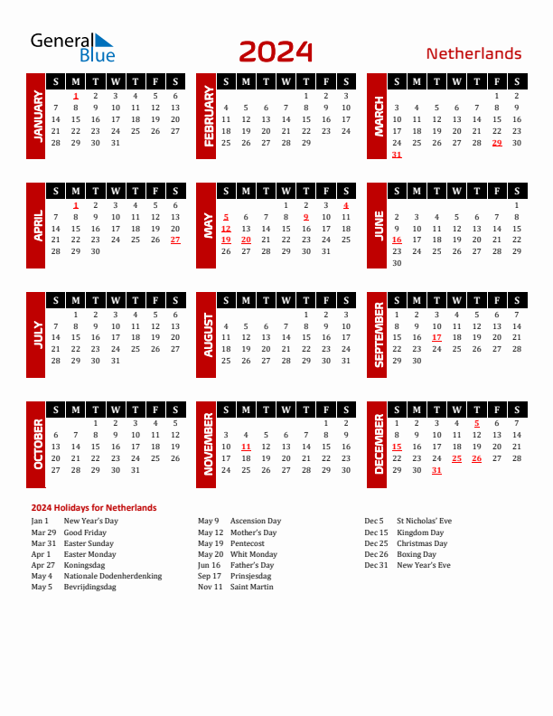 Netherlands calendar with holidays