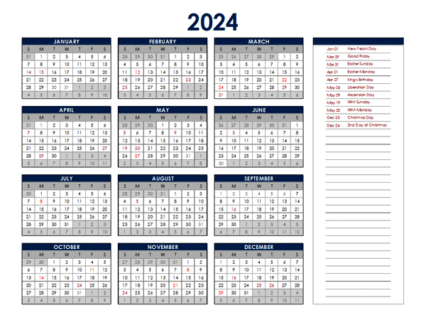 Netherlands annual calendar with holidays