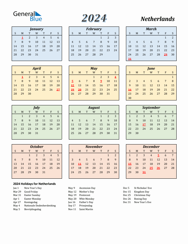 Netherlands calendar with holidays