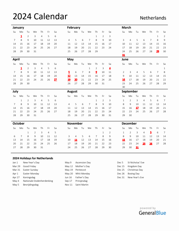 Netherlands calendar with holidays