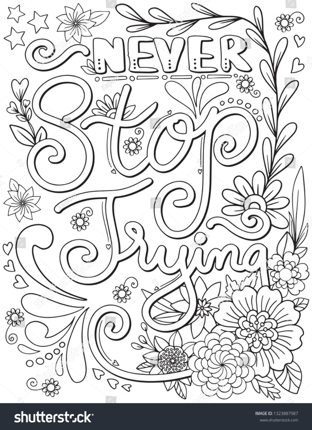 Never stop trying font flower elements stock vector royalty free shutterstock coloring pages inspirational detailed coloring pages free adult coloring printables