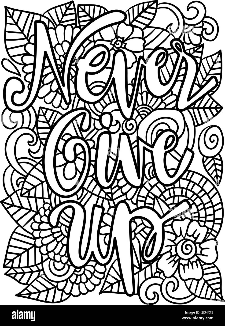 Never give up motivational quote coloring page stock vector image art