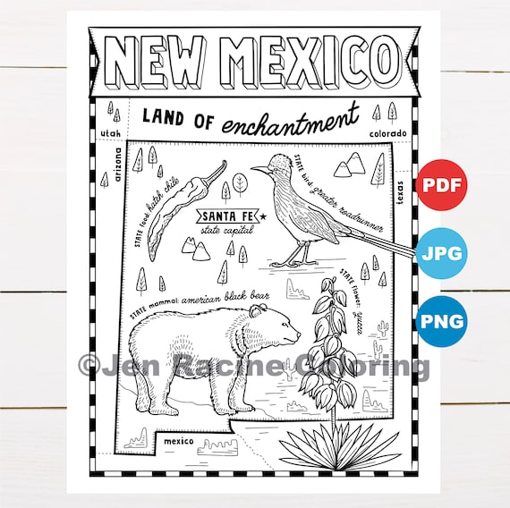 New mexico coloring page united states state map wildlife state symbols flowers coloring pages instant download