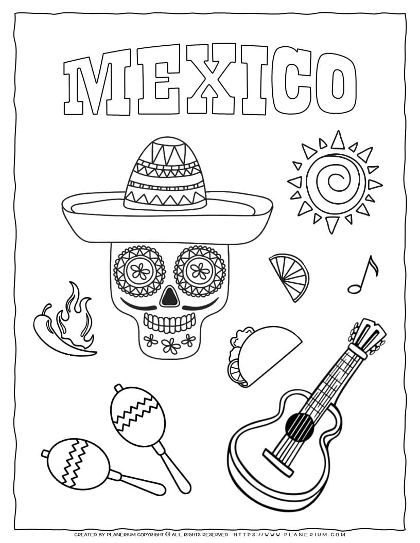 Mexico coloring page for kids with symbols