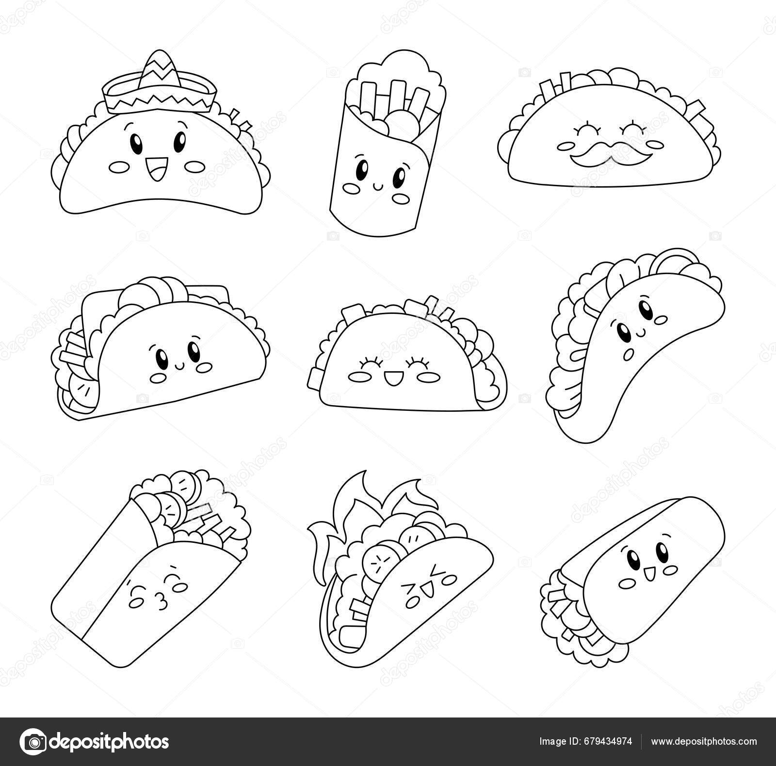 Taco burrito characters coloring page cute mexican fast food vector stock vector by palau