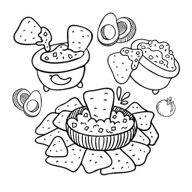 Premium vector mexican food coloring page nachos with guacamole tomato salsa