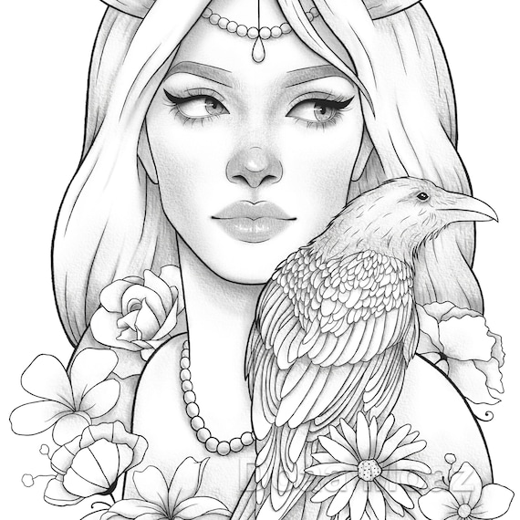 Adult coloring page fantasy girl bird portrait