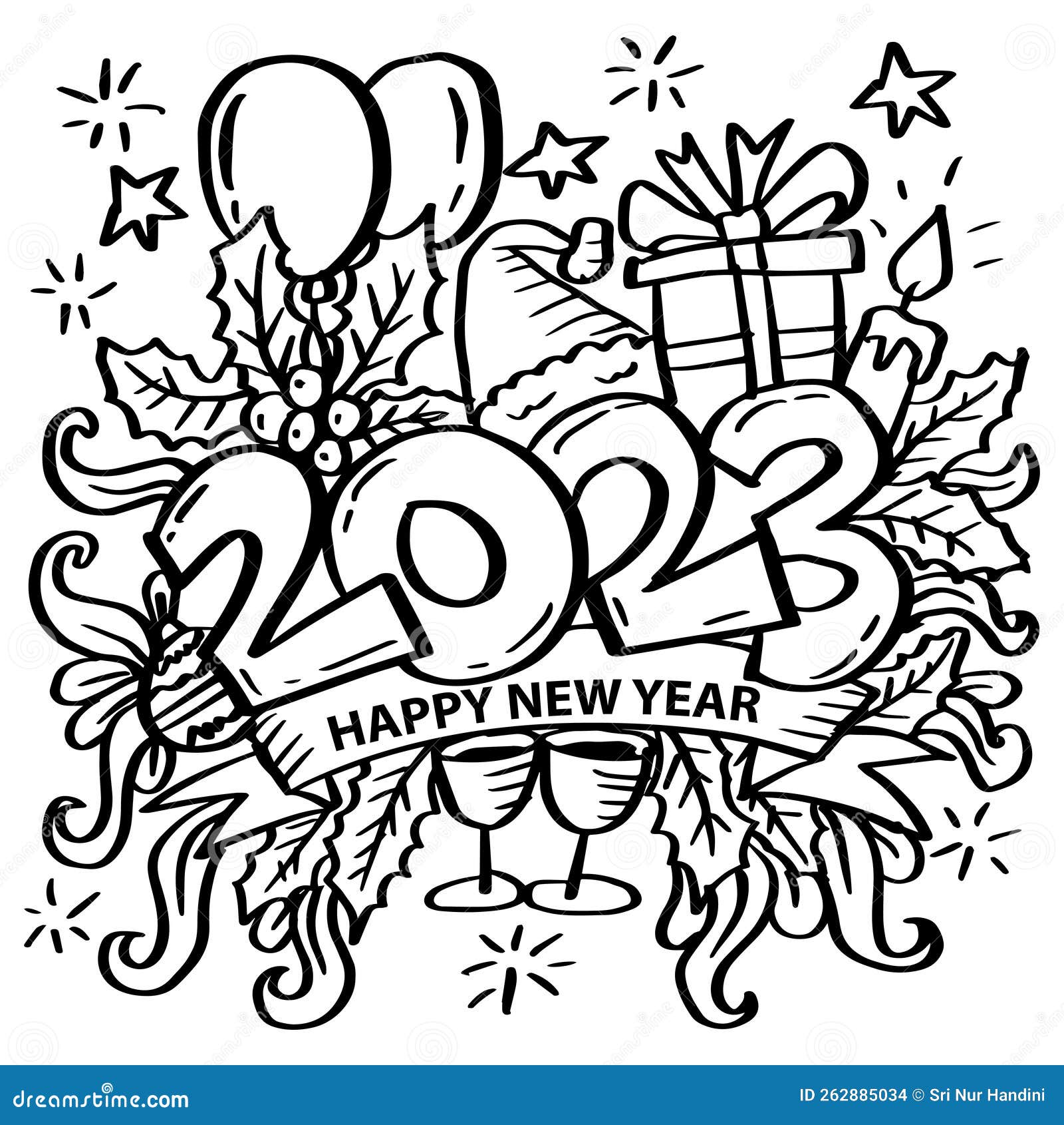 Coloring pages new years illustrations hand drawn doodles illustration stock illustration