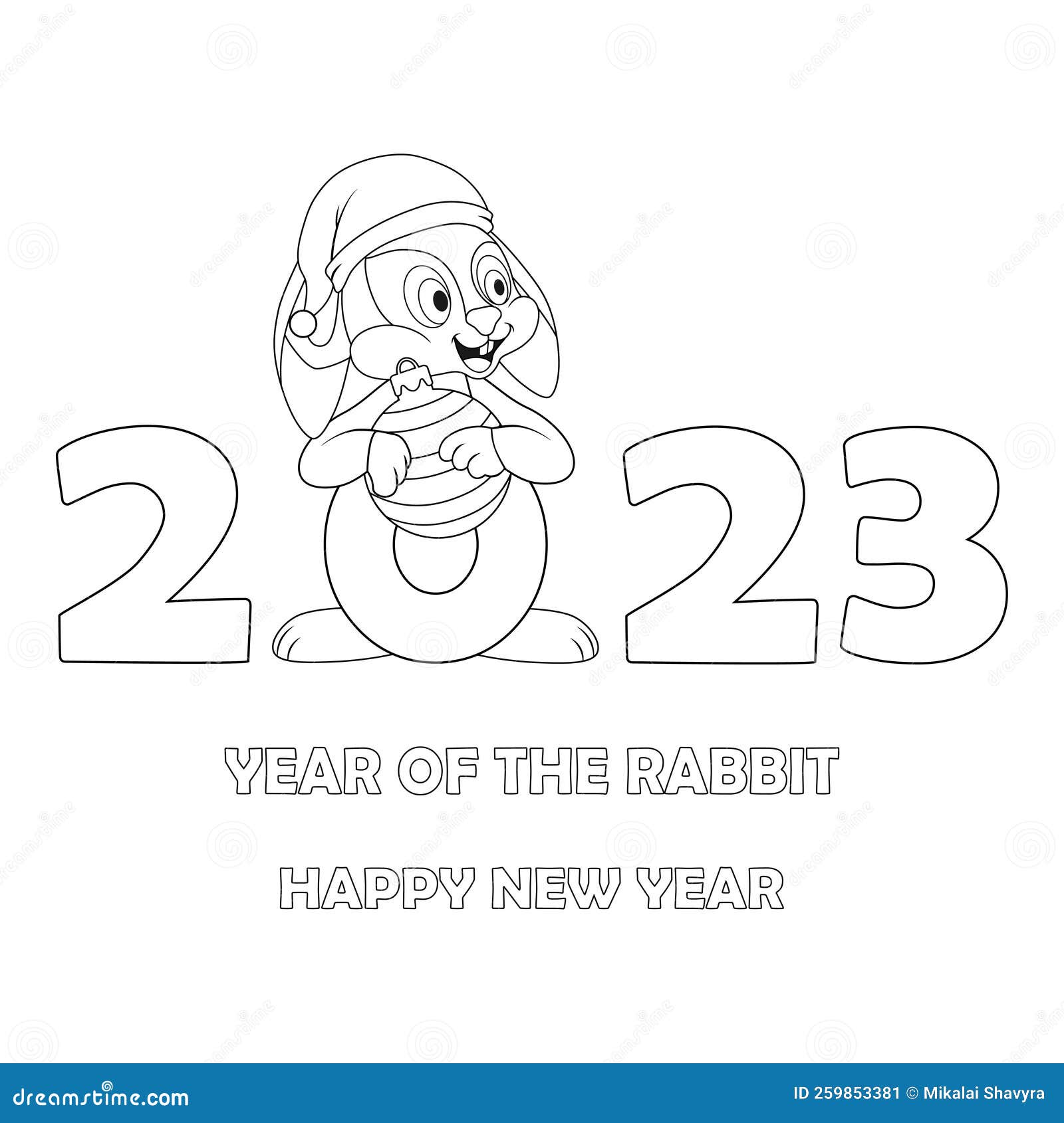 Colorless cartoon rabbit and numbers black and white template page for coloring book with bunny as symbol of new year stock vector