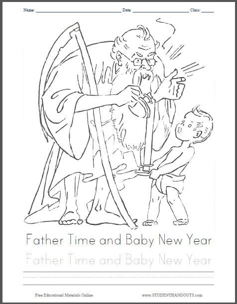 So cute for nye father time and baby new year free printable coloring page for kids theres even handwriâ new year coloring pages baby new year coloring pages